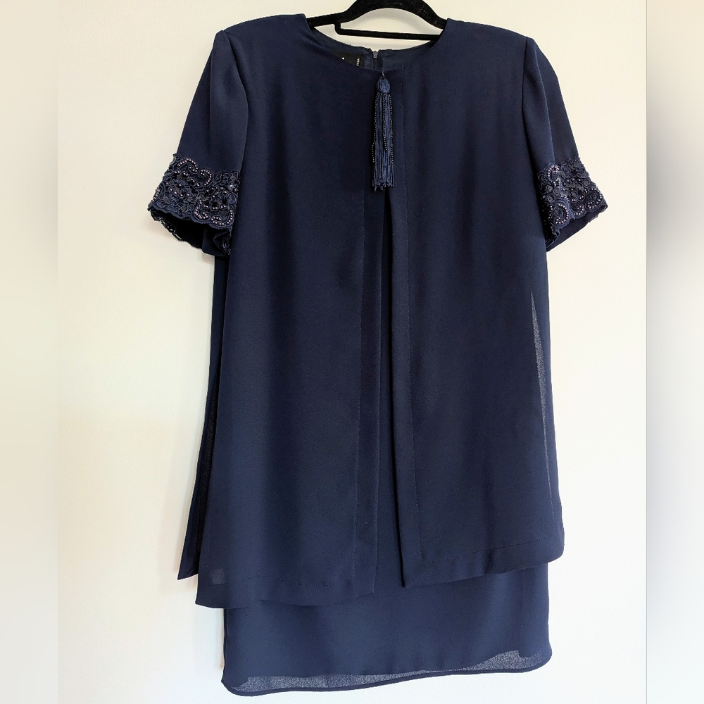 Ursula Of Switzerland Elegant Chiffon Embellished Cape Dress Navy 8